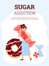 Sugar addiction concept with woman addicted to sweet food, holding big candy