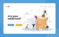 Sugar Addiction Landing Page Template. Tiny Characters at Huge Sack and Glass of Cane Sugar. People Addict of Sweets