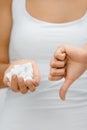 Sugar Is Bad. Woman Holding In Hands Sugar Cubes. Royalty Free Stock Photo