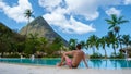 Sugar beach Saint Lucia ,white tropical beach palm trees and luxury beach chairs St Lucia Caribbean Royalty Free Stock Photo