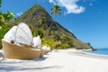 Sugar beach Saint Lucia ,white tropical beach palm trees and luxury beach chairs St Lucia Caribbean Royalty Free Stock Photo