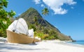 Sugar beach Saint Lucia ,white tropical beach palm trees and luxury beach chairs St Lucia Caribbean Royalty Free Stock Photo
