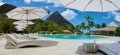 Sugar beach Saint Lucia ,white tropical beach palm trees and luxury beach chairs St Lucia Caribbean Royalty Free Stock Photo