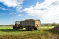 A sugar beet harvest in progress - Tractor and trailer unload sugar beets