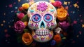 a sugar biscuit in the shape of a sugar skull decorated with sweets and edible flowers