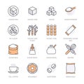 Sugar cane, cube flat line icons set. Sweetener, stevia, spoon, bakery products, rolling pin, whisk vector illustrations