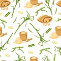 Sugar cane seamless pattern on a white background. Stems, leaves, brown sugar in a cartoon-style bag. Vector background. Royalty Free Stock Photo