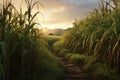 Sugar cane stalks on plantation at morning dawn