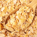 Sugar-coated cornflakes in wooden spoon closeup Royalty Free Stock Photo