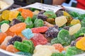 Sugar coated jelly candy in the shape of fruit or sugar bears. Assorted gummy candies Royalty Free Stock Photo