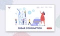 Sugar Consumption Landing Page Template. Tiny Characters at Huge Glass of Cane Sugar. People Addict of Sweet Junk Food