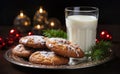 Sugar Cookies and Milk on a Small Plate Waiting for Santa Clause Amidst the Decorations on Christmas Eve. Generative AI Royalty Free Stock Photo