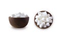 Sugar cube isolated on white. Selective focus. Sugar cube in wooden bowl on white background. Heap of sugar with copy space for Royalty Free Stock Photo