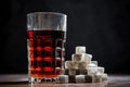 sugar cubes stacked high against a blurred bottle of cola