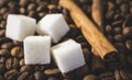 Sugar cubes and two cinnamon sticks with coffee beans Royalty Free Stock Photo