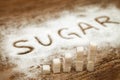 Sugar cubes and word sugar on wooden background, high sugar level and diabetes concept