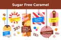 Sugar free caramel retail tag on rope with place for text collection vector flat illustration