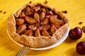 Sugar free pie with plums and raisins on a white plate on yellow wooden background decorated with fresh plums, brown raisins Royalty Free Stock Photo