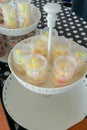 Sugar gelatin candies in clear plastice cup on cake stands