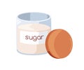 Sugar in glass jar. Sweet cooking ingredient, sweetener crystals in transparent storage container and wooden lid, cover
