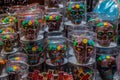 Chocolate and sequin skulls, typical sweets during the time of the day of the dead in Mexico, toy offerings made with crumbs and