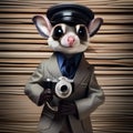 A sugar glider as a secret agent, dressed in a suit and holding a tiny spy gadget1