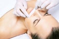 Sugar hair removal from woman body. Wax epilation spa procedure. Procedure beautician female. Mustache