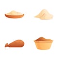 Sugar icons set cartoon vector. White and brown sugar in canvas bag and bowl