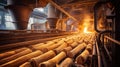 Sugar industrial, big conveyor carry raw sugar from warehouse to another process, logistic concept Royalty Free Stock Photo