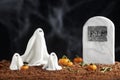 Halloween: a cute family of ghosts next to a grave, surrounded by pumpkins