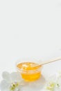 Sugar paste or wax honey in a transparent jar and white orchid on a white background. Sugaring. Depilation and beauty