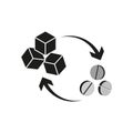 Sugar and pills icon. Cubes and tablets. Black arrows. Metabolism concept vector. Royalty Free Stock Photo
