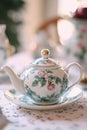 Sugar Plum Tea Elegant floral teapot on delicate table setting for afternoon tea gathering Royalty Free Stock Photo