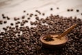 Sugar in a porringer stands on a table on grains of coffee Royalty Free Stock Photo