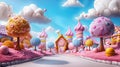 Sugar Rush in Candy Land: A Colorful Town of Lollipop Trees and Sweets Perfect for Child Birthday Party Poster or Postcard