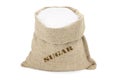 Sugar in a sack isolated on a white background. White Sugar in burlap sack. Sugar in jute bag