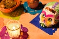 Sugar skull and candles - Calaverita - Ofrenda Dia de muertos Royalty Free Stock Photo