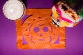 Sugar skull and candles - Calaverita - Ofrenda Dia de muertos Royalty Free Stock Photo