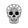 Sugar skull with floral pattern, Mexican day of the dead black and white vector Illustration