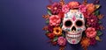 Sugar skull with flowers on purple background, Day of the Dead Royalty Free Stock Photo