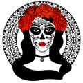 Sugar Skull Girl. Day Of Dead, Traditional Mexican Halloween, Dia De Los Muertos. Woman with makeup sugar skull with roses flowers Royalty Free Stock Photo