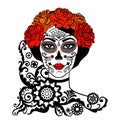 Sugar Skull Girl. Day Of Dead, Traditional Mexican Halloween, Dia De Los Muertos. Woman with makeup sugar skull with roses flowers Royalty Free Stock Photo