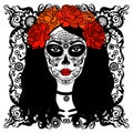 Sugar Skull Girl. Day Of Dead, Traditional Mexican Halloween, Dia De Los Muertos. Woman with makeup sugar skull with roses flowers Royalty Free Stock Photo