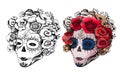 Sugar skull girl. Woman with makeup roses flowers wreath. Vector vintage hatching Royalty Free Stock Photo