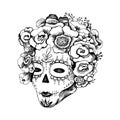 Sugar skull girl. Woman with makeup roses flowers wreath. Vector vintage hatching Royalty Free Stock Photo