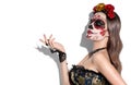 Sugar skull makeup. Halloween party, traditional Mexican carnival, Santa Muerte. Beautiful young woman costume Royalty Free Stock Photo