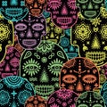 Sugar skull mexican festive inspired pattern in neon colors of spooky skeleton stamps Royalty Free Stock Photo