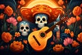 Sugar skull in sombrero with guitar and flowers, Day of the Dead 2 Royalty Free Stock Photo