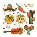 Sugar skulls, cactus, Mexican hat, pepper, bones, maracas, ukulele decorated by design elements and colorful floral