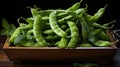 Sugar snap peas with mint on wood background, Fresh green peas